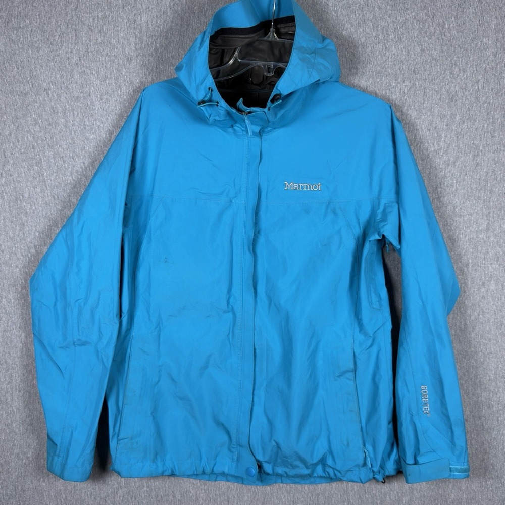 Marmot Gore Tex Rain Jacket Women L Blue Hooded Waterproof Outdoor Ski Full Zip